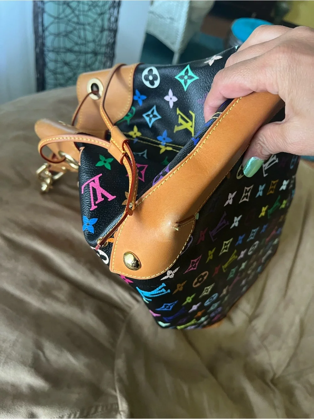 Louis Vuitton Ursela- Black Multicolor Monogram Shoulder Bag with Tan Trim - Picture 10 of 13